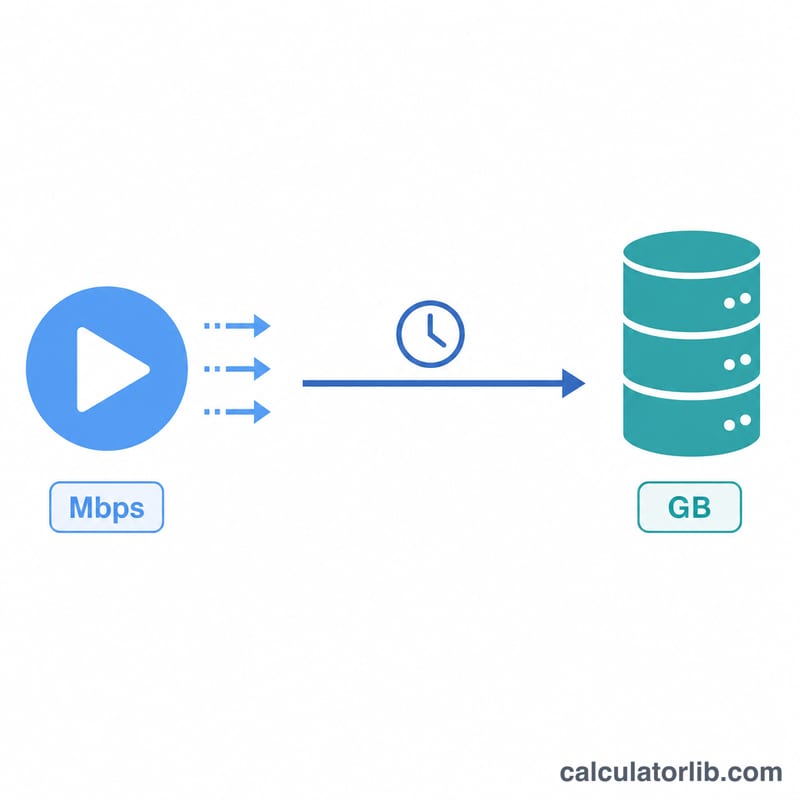 Flat diagram showing video bitrate flowing over time converting into stored data volume
