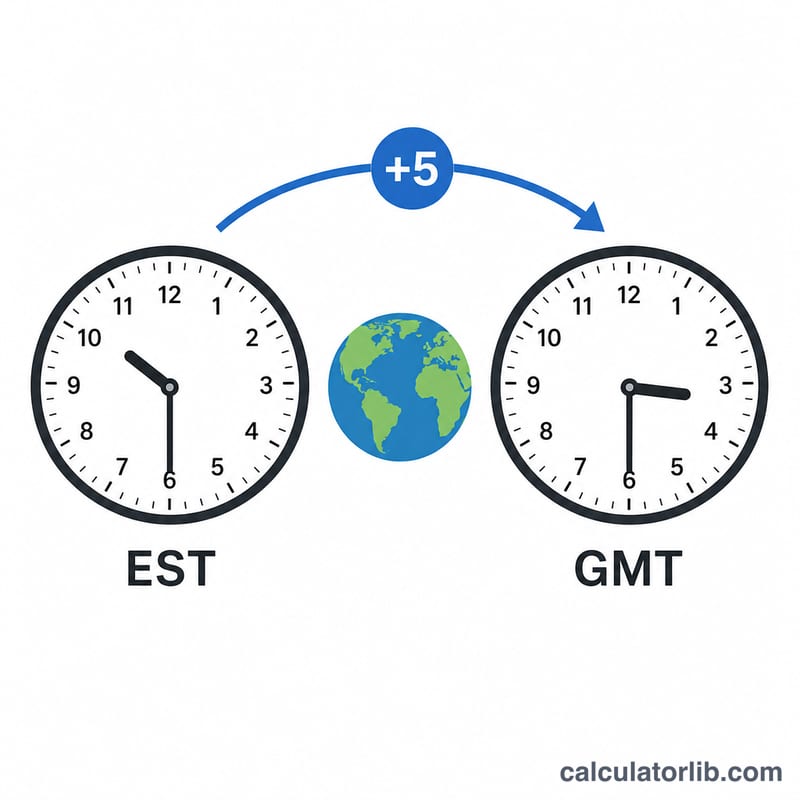 Two clocks showing EST and GMT five hours apart with a plus 5 arrow