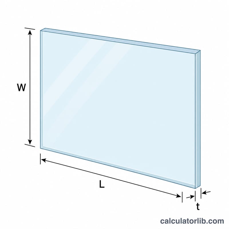 Plaque de verre rectangulaire indiquant les dimensions de longueur, largeur et épaisseur