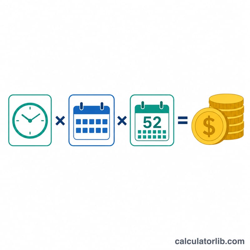 Flat diagram showing hourly rate multiplied by weekly hours multiplied by 52 weeks equals annual pay