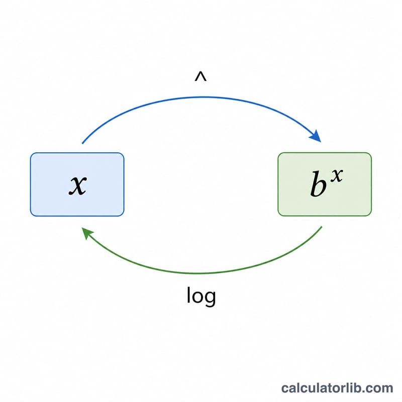 Diagram showing logarithm and antilogarithm as inverse operations between a number and its base raised to a power