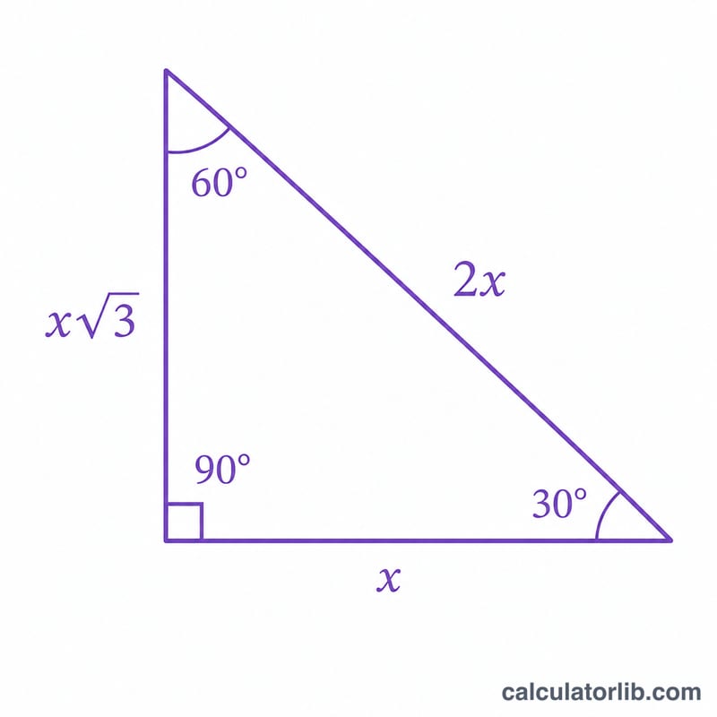 Triángulo rectángulo 30-60-90 que muestra las proporciones de los lados x, x√3 y 2x con los ángulos marcados