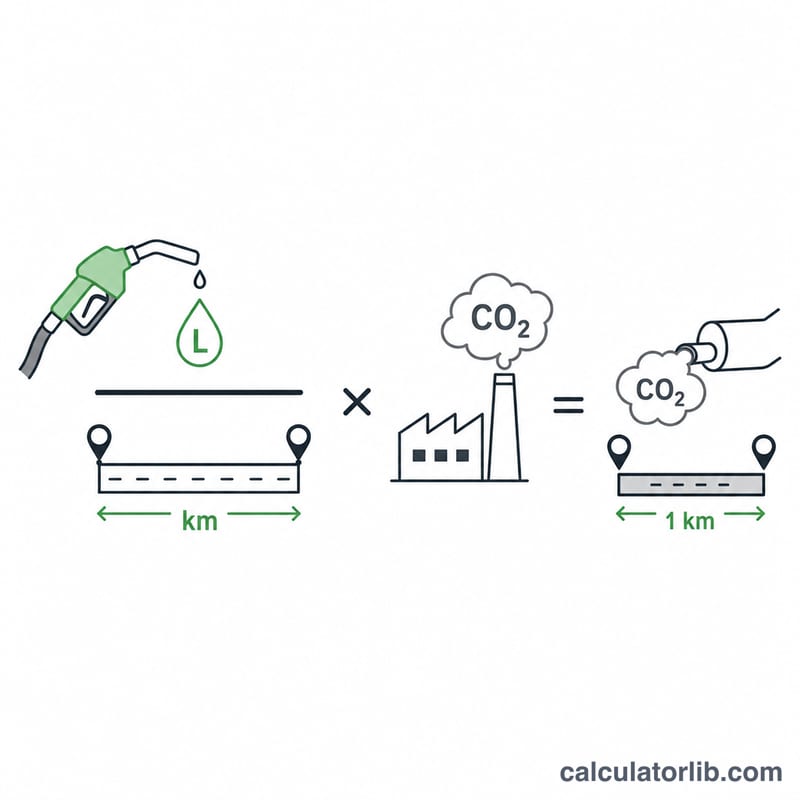 Flat diagram showing fuel volume and distance combining with a CO2 factor to give emissions per kilometer