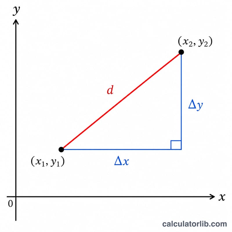 Two points on a coordinate plane with a right triangle showing horizontal and vertical legs and the diagonal distance