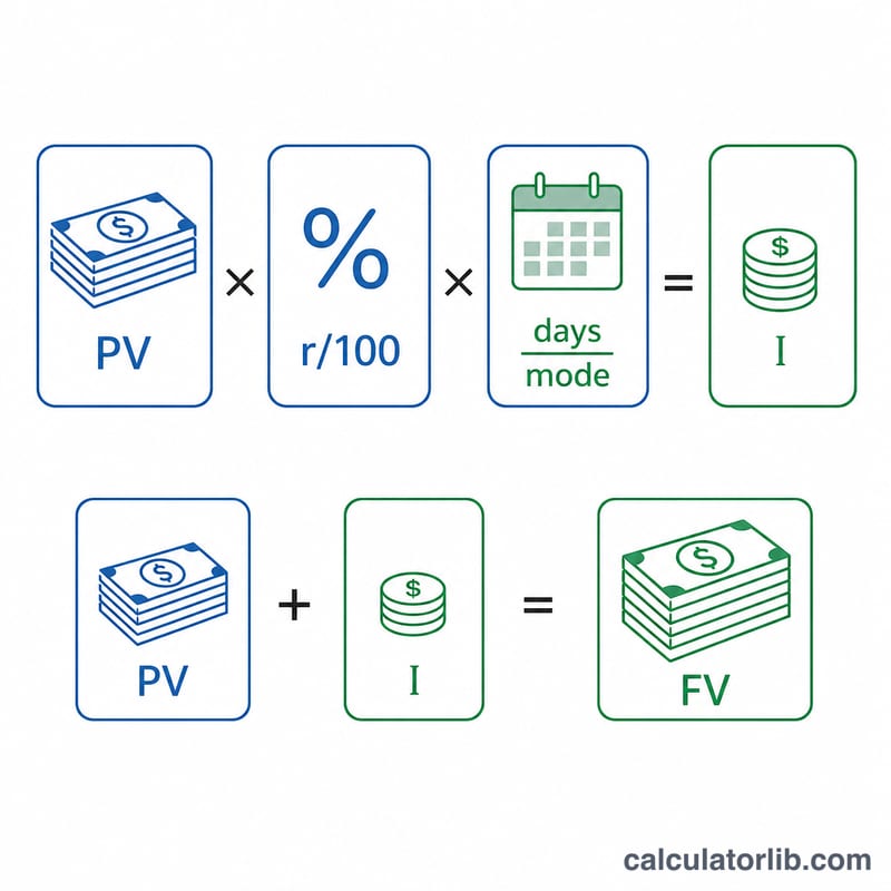 Simple interest formula broken into principal, rate fraction and time fraction multiplying together, then added to principal for maturity value