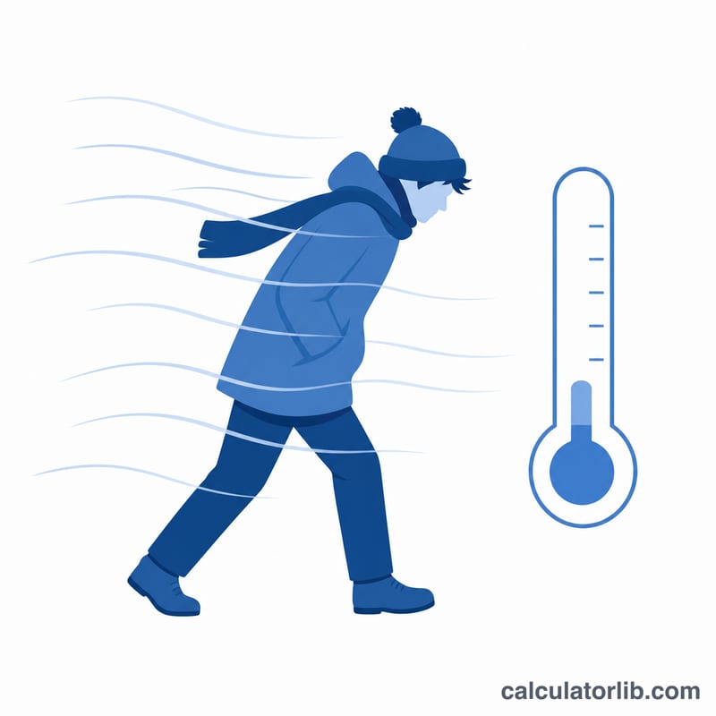 Person walking against wind with thermometer showing lower perceived temperature