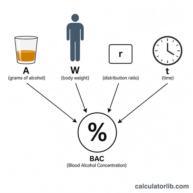 Diagram showing alcohol amount, body weight, distribution ratio and time feeding into BAC