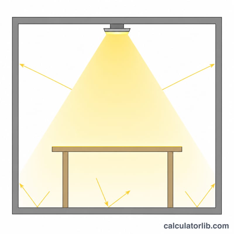 Diagram of a room with a ceiling light fixture casting a cone of light onto a desk surface, showing some light absorbed by walls