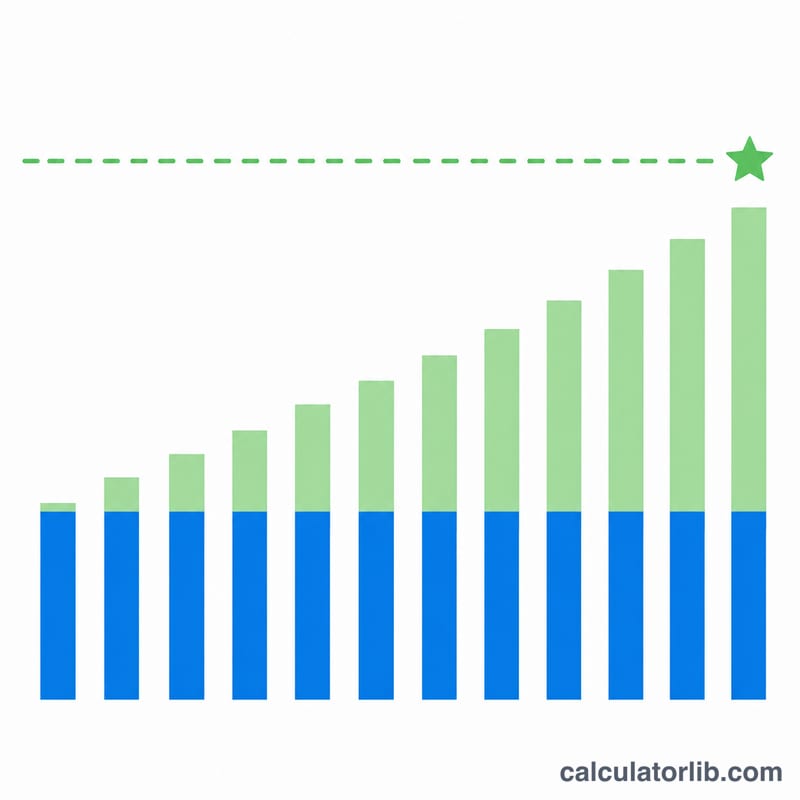 Bar chart of growing monthly deposits accumulating toward a savings goal line