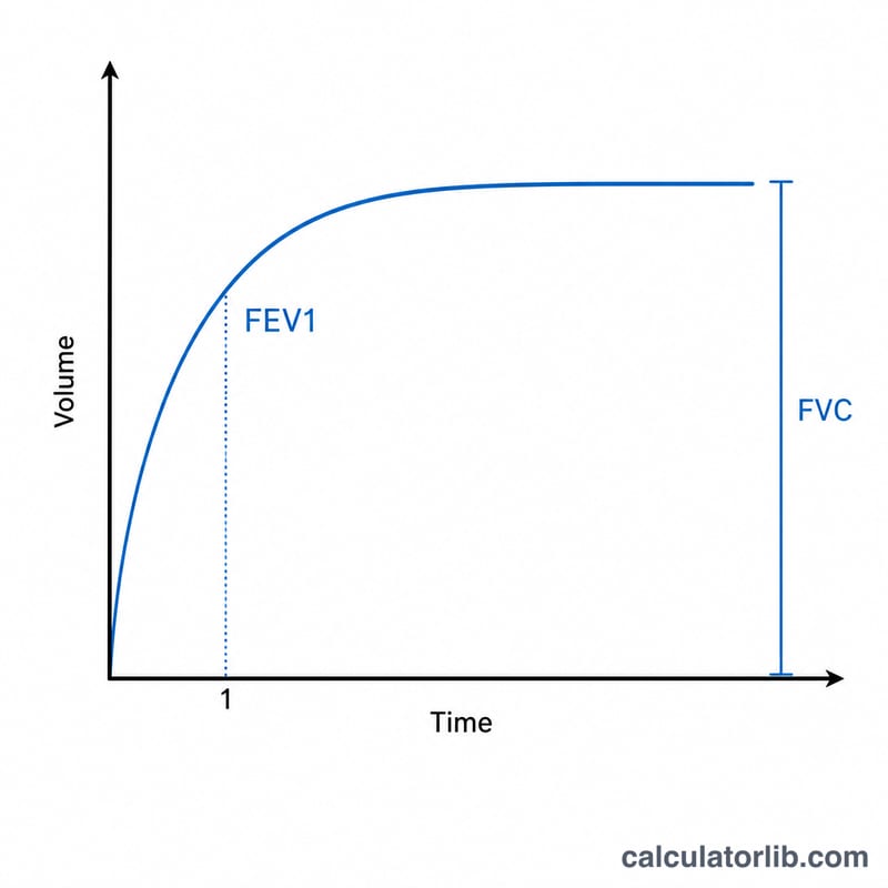 Spirometry volume-time curve showing FEV1 at one second and total FVC