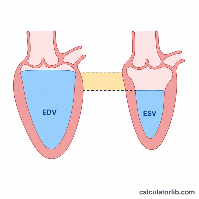 Heart left ventricle shown filled at end-diastole and contracted at end-systole, with stroke volume highlighted