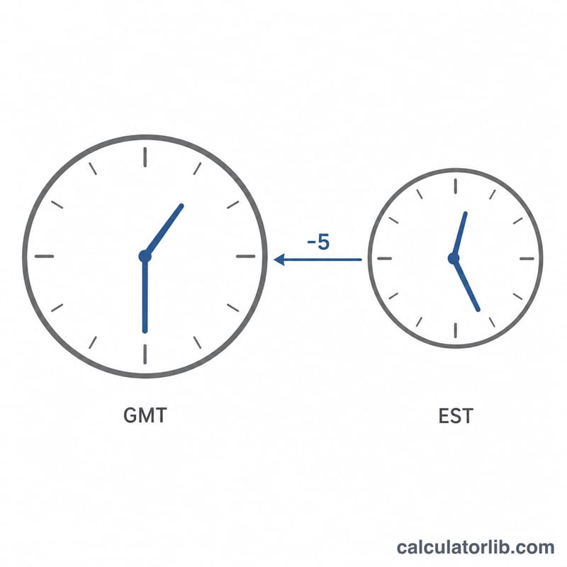 Two clock faces showing GMT time and the EST equivalent five hours earlier