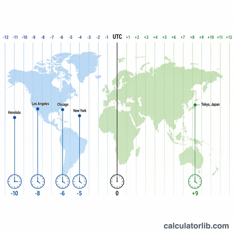 日本と米国のタイムゾーンをUTC基準の時差とともに示す図