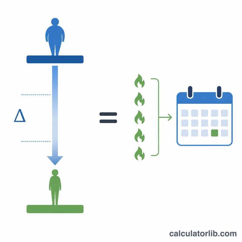 Diagram showing weight gap divided by weekly calorie deficit equals number of weeks
