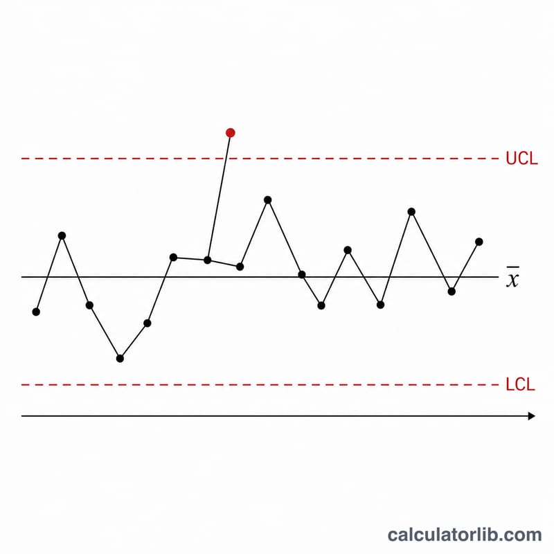 Control chart with center line, upper and lower control limits, and plotted data points
