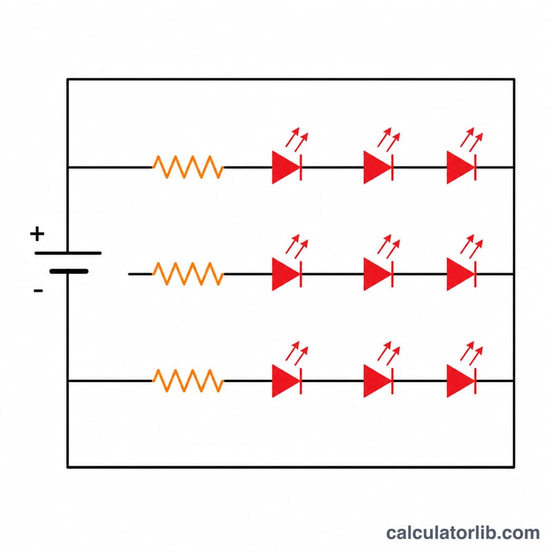 Diagram of an LED array with multiple parallel strings, each string having LEDs in series and a series resistor connected to a power supply