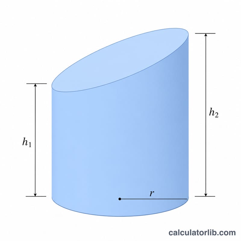 Truncated cylinder with circular base radius r and two unequal side heights h1 and h2 cut by a slanted top plane