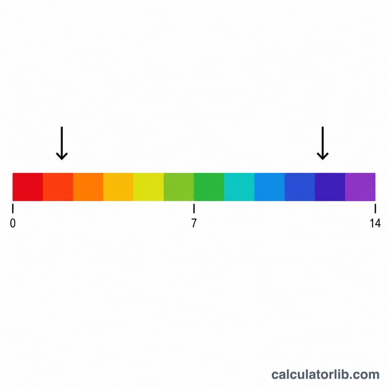 Horizontal pH scale from 0 to 14 colored from acidic red to basic purple