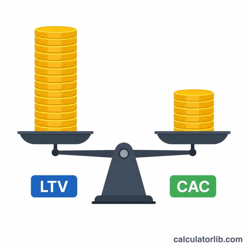 Balance scale comparing a tall LTV coin stack to a short CAC coin stack at 3 to 1