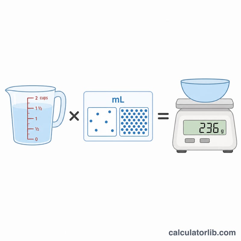 Diagram converting cups times volume times density to grams on a scale