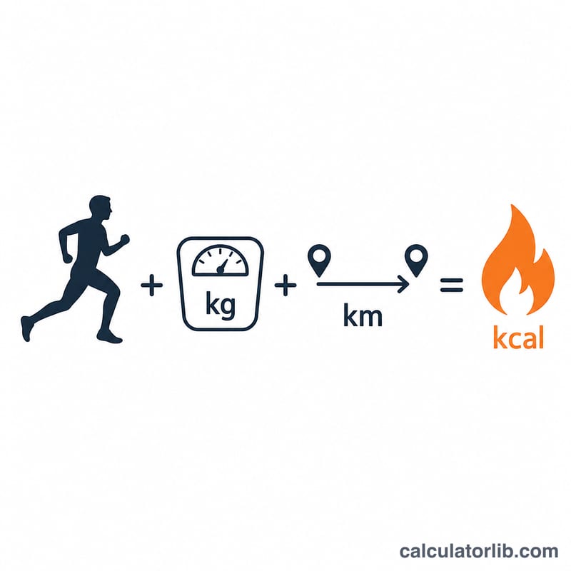 Flat diagram showing body weight times distance combining into a flame icon representing calories
