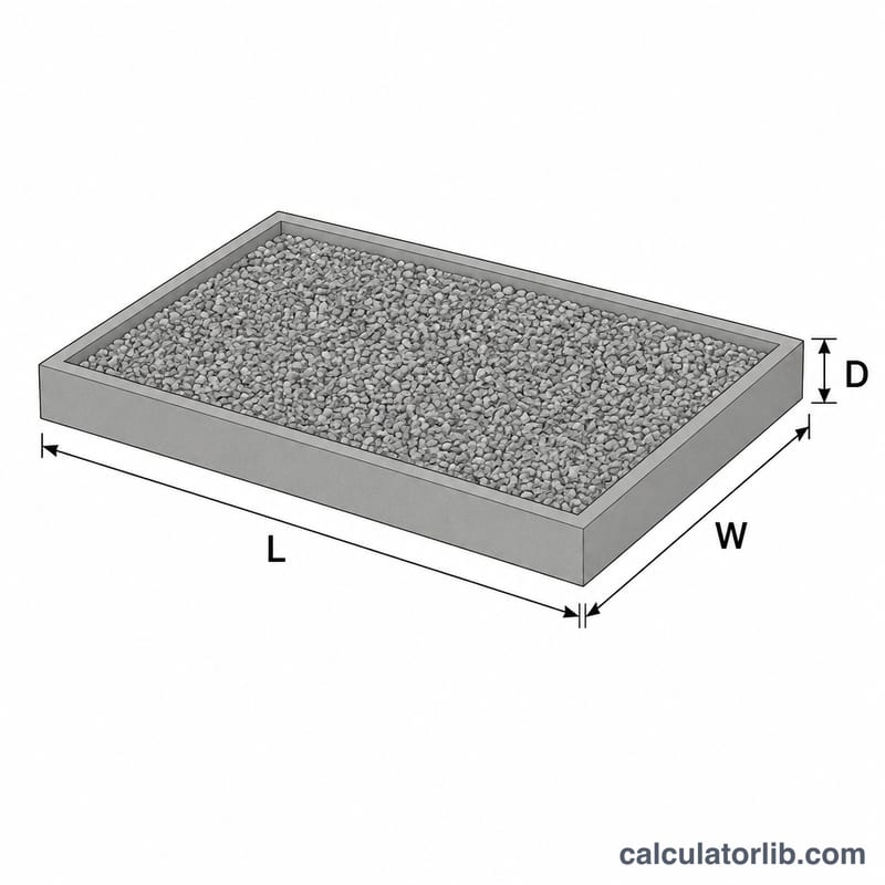 Rectangular gravel area with length, width, and depth dimensions labeled L, W, D