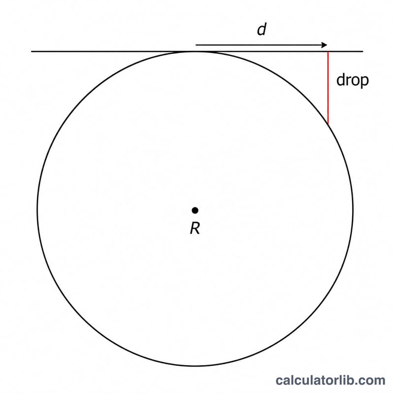 Geometric diagram showing Earth's radius R, distance d, and the curvature drop