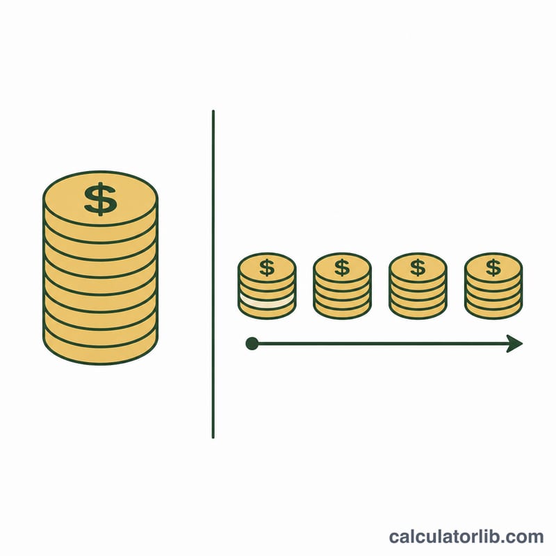 Side by side comparison of a single large lump sum cash stack versus a row of smaller equal yearly payment stacks