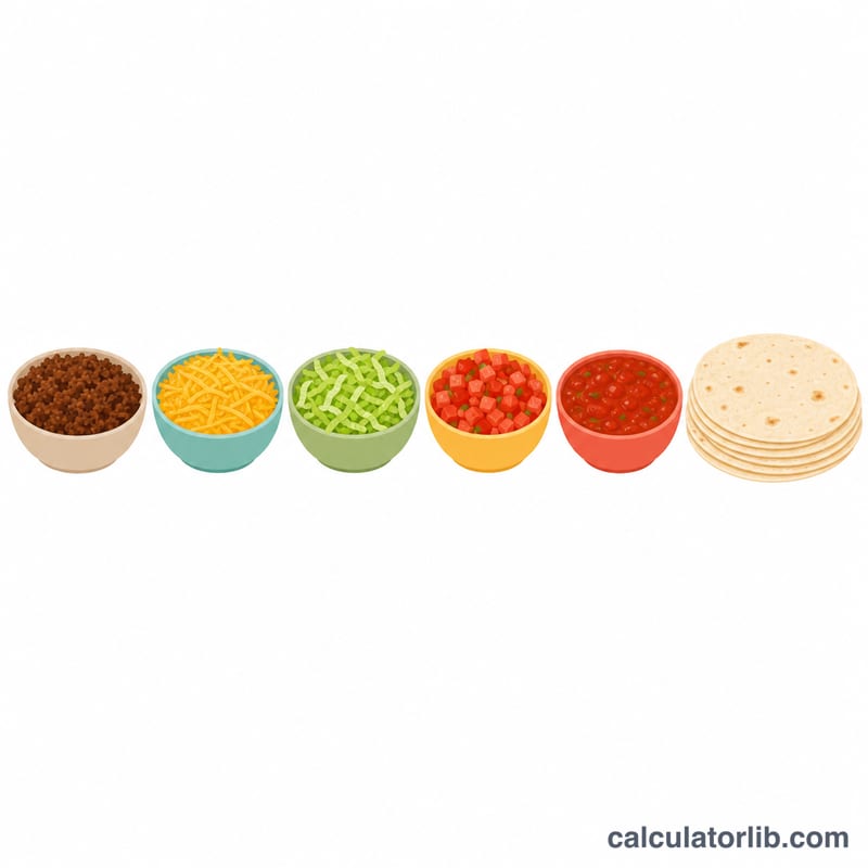 Quầy taco với các tô thịt, phô mai, xà lách, salsa và một chồng bánh tortilla