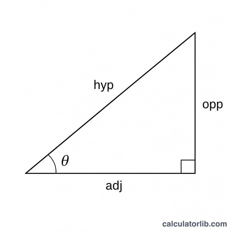 Right triangle showing angle theta with opposite, adjacent, and hypotenuse sides labeled