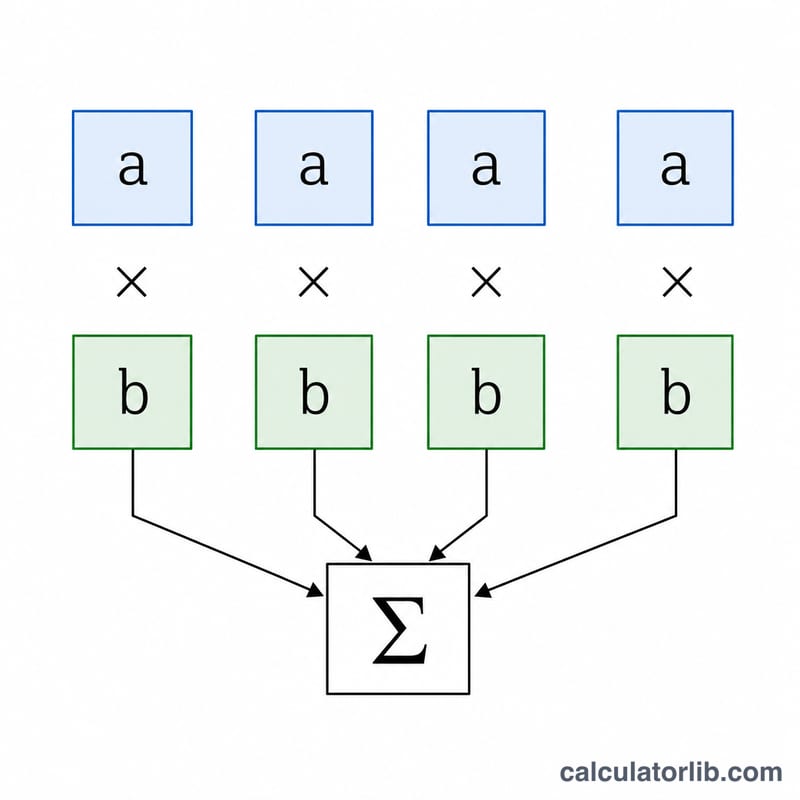 Two aligned lists of numbers with each pair multiplied and the results added together