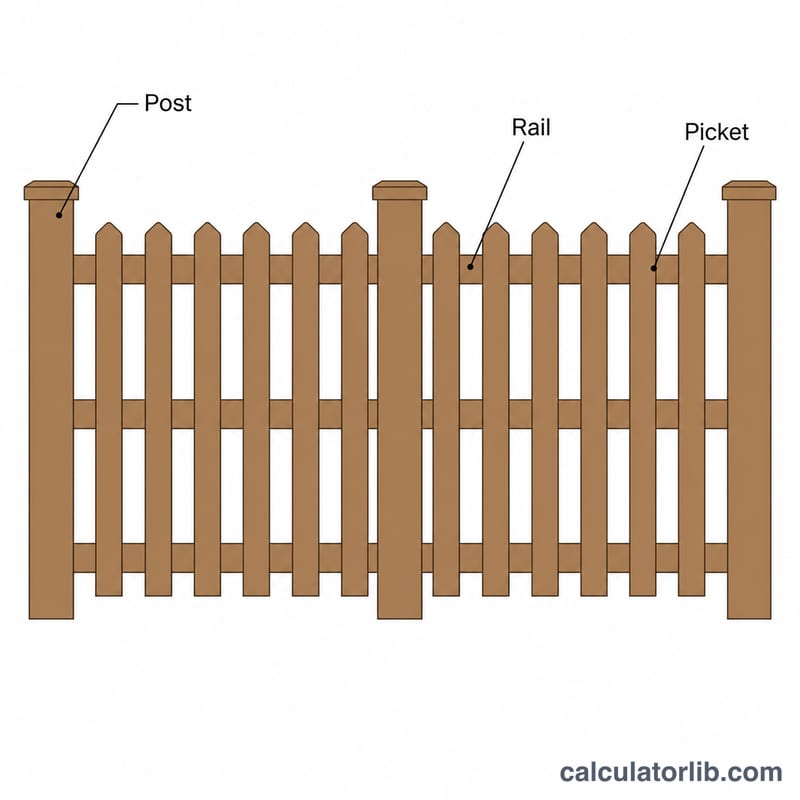 Diagram of a wood fence section showing posts, rails, and pickets