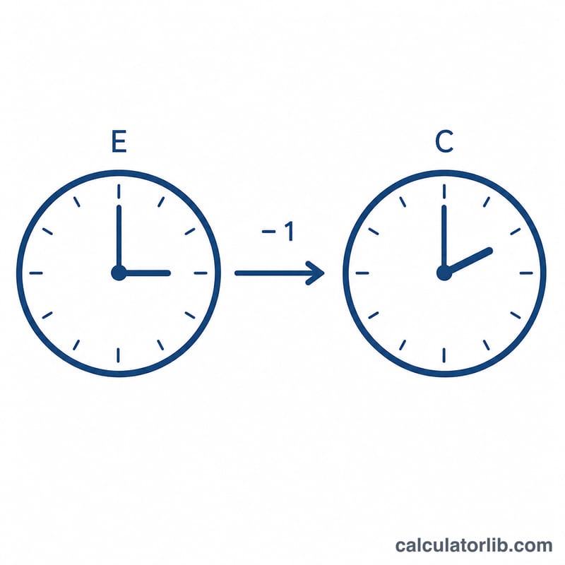 Two clocks side by side, Eastern Time showing one hour ahead of Central Time, with an arrow and minus one hour offset