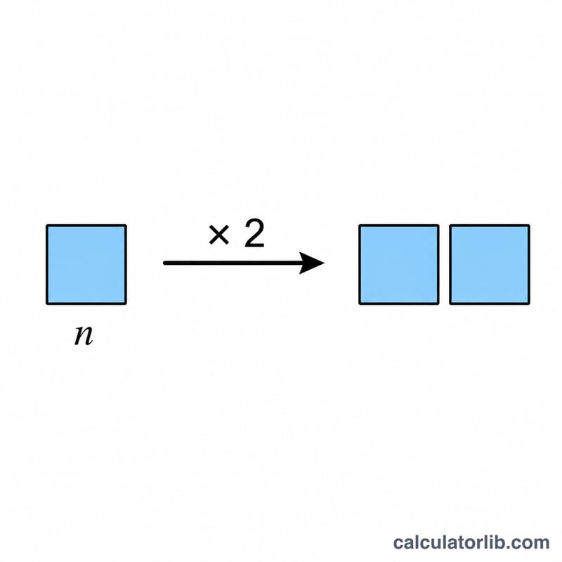 Diagram showing one quantity n turning into two equal copies after multiplying by 2