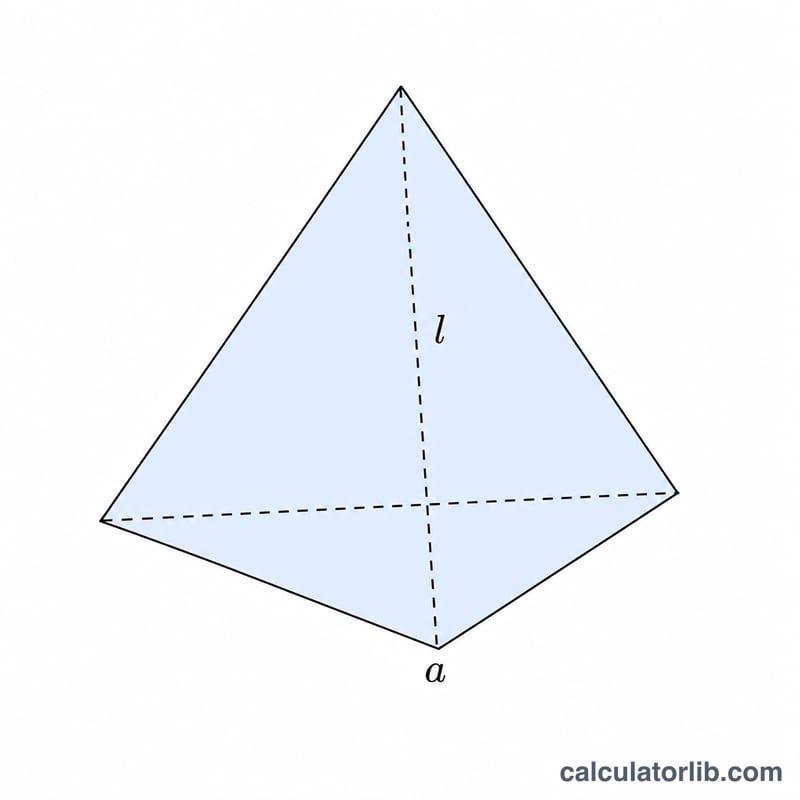 Triangular pyramid (tetrahedron) with labeled base edge a and slant height l