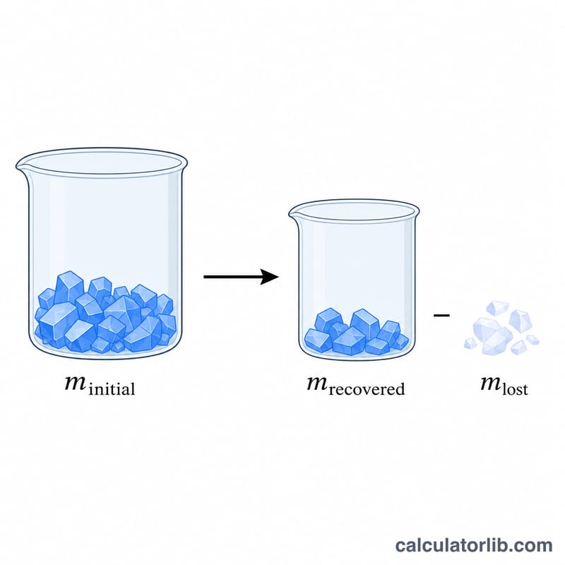 Diagram of initial mass converting to a smaller recovered mass with mass lost