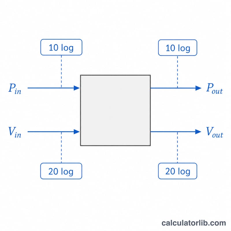 Diagram showing a signal entering and leaving a block with power and voltage decibel formulas