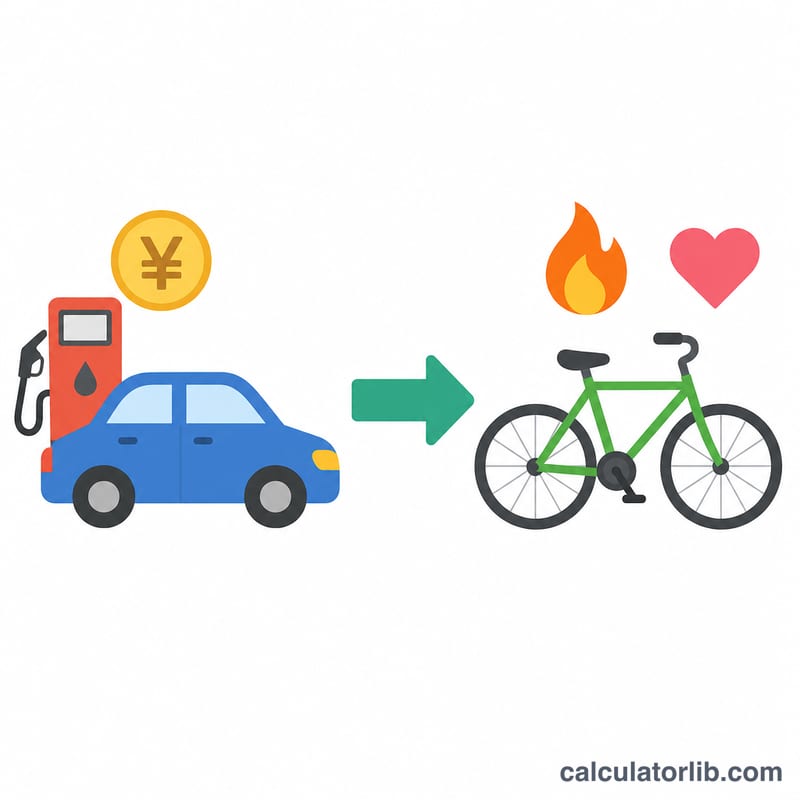 車と自転車が並び、節約とカロリー消費を表すマーク付き