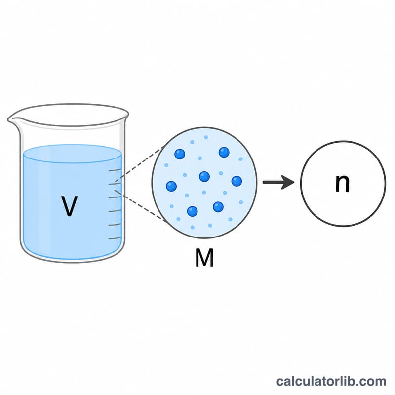 Diagram relating moles, molarity and volume with a beaker of solution