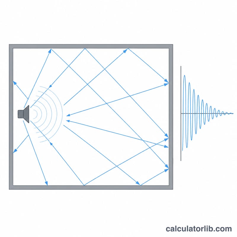 Diagram showing sound reflecting off room surfaces and decaying over time