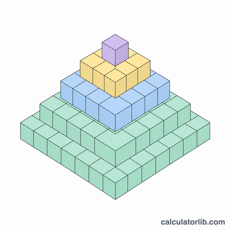 Stepped square pyramid built from cube blocks in decreasing odd-numbered square layers