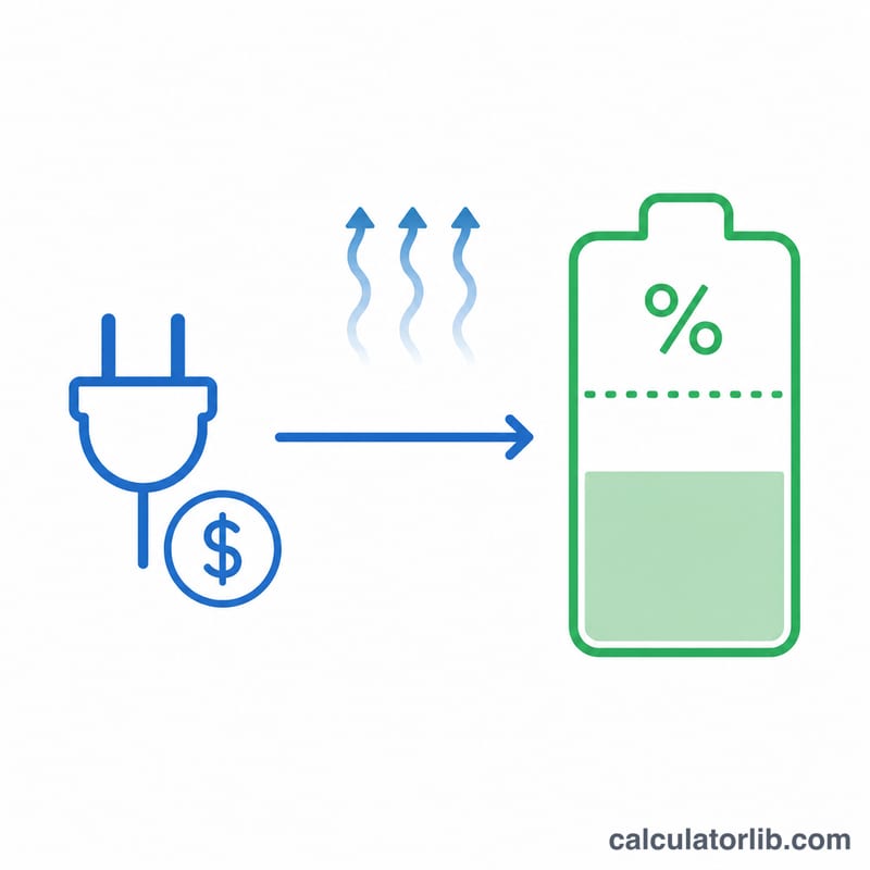 Flat diagram showing energy flow from grid through charging losses into a car battery, with cost formula components labeled by symbols