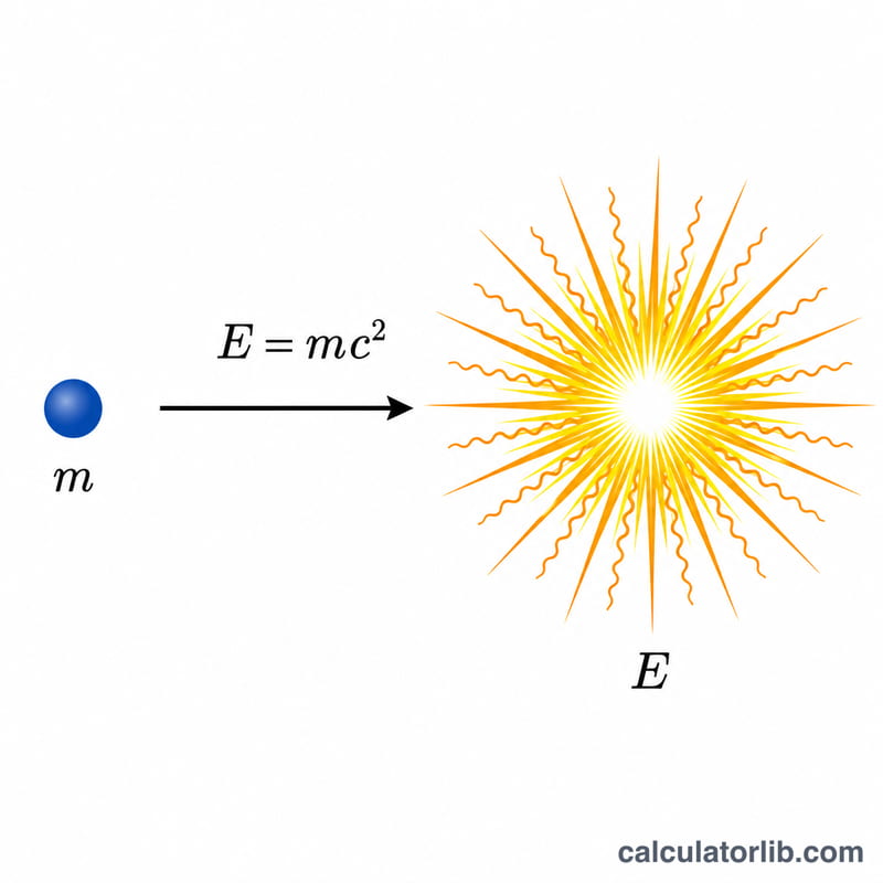 Diagram showing mass converting to energy with the equation E equals m c squared