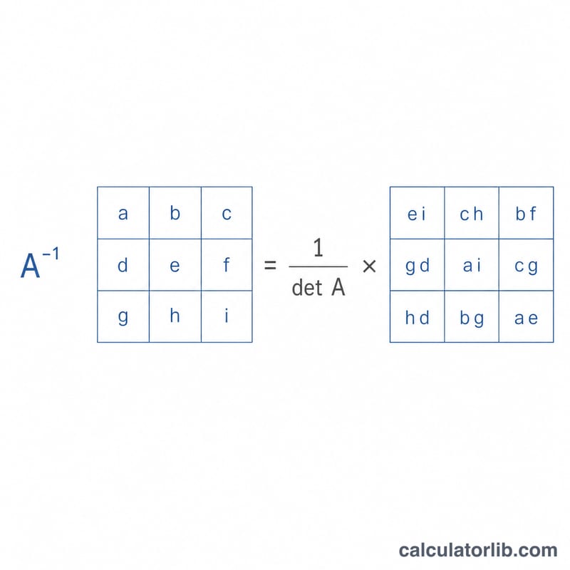 Schéma d'une matrice 3x3 multipliée par l'inverse de son déterminant et la matrice adjointe