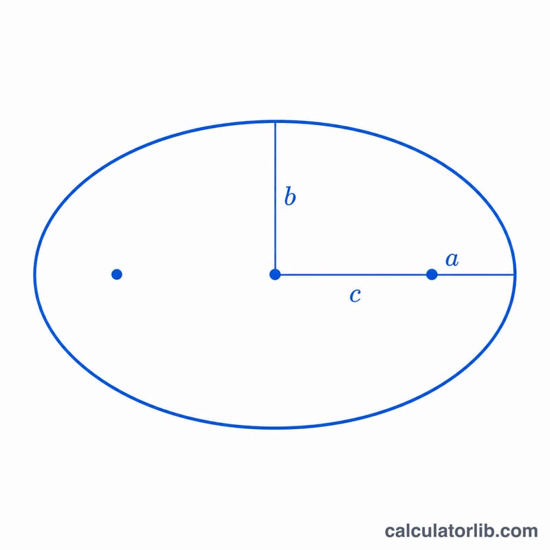 Diagram of an ellipse showing semi-major axis a, semi-minor axis b, two foci, and focal distance c