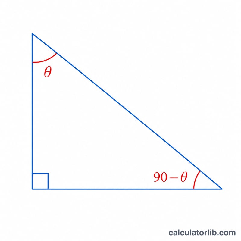 Right triangle with two acute angles theta and ninety minus theta labeled, showing they are complementary