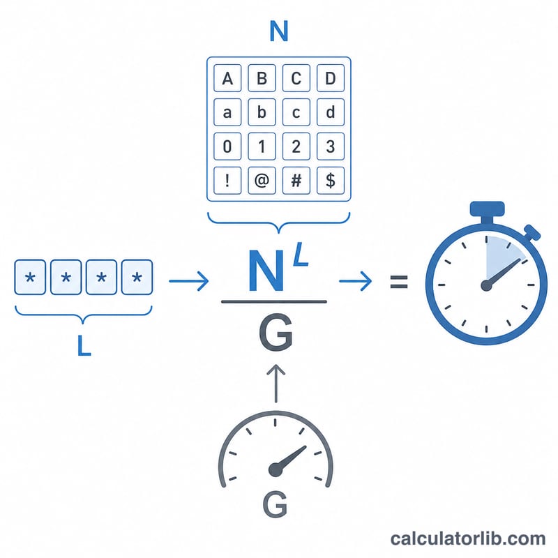 Diagram relating character set size N, password length L, and guess speed G to crack time