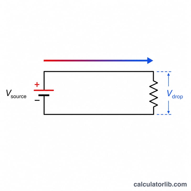 Diagram of a circuit with source voltage at one end and a load at the far end, showing voltage decreasing along the wire