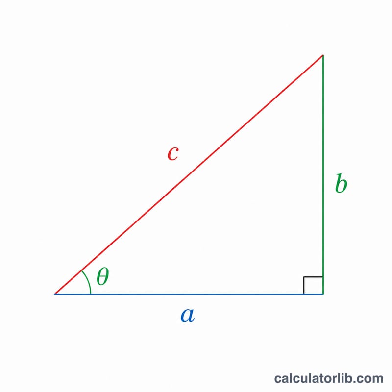 Right triangle with angle theta, opposite height b, adjacent base a, and hypotenuse c labeled