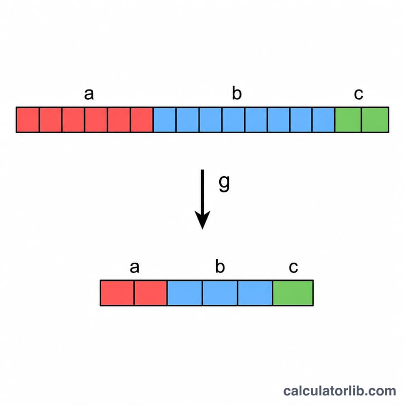 Three-part ratio bar A:B:C divided into equal GCD units, then simplified